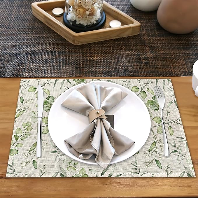 Eucalyptus Leaves Placemats Set of 6 Linen Heat Resistant,Elegant Flower Table Mats Washable Rustic Place Mats Decoration for Home Kitchen Dining Room Party 12x18 Inch