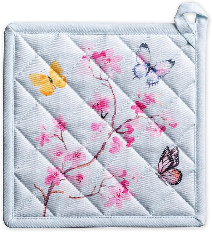 Maison d' Hermine Pot Holders 100% Cotton Heat Resistant Potholders 8" x 8" Hot Pads with Loop BBQ Baking Gifts for Mothers Day Handling Hot Pans Spring/Summer (Pack of 1, Blossoms in Spring)