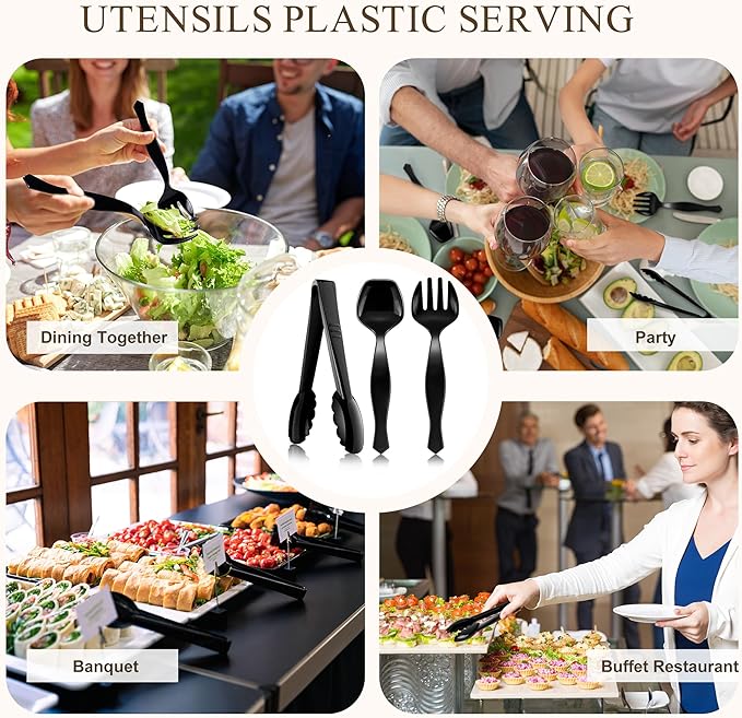 Mwellewm 72Pcs Plastic Serving Utensils Set Large Disposable Serving Spoons Fork and Tongs for Serving Food 8.5'' Heavy Duty Black Party Utensil Supplies for Buffet Restaurant Picnic Dinner Salad Soup