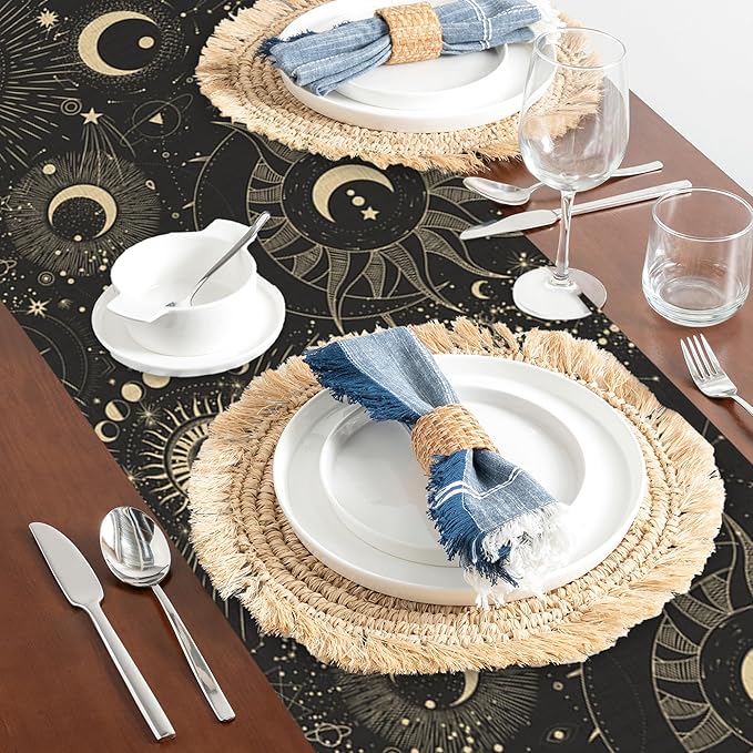 Moon Phases Lunar Change Table Runner Dresser Scarves Seasonal Linen Tablerunner for Indoor Outdoor Kitchen Home Party Holiday Dining Table Decor 13 X 70 Inch