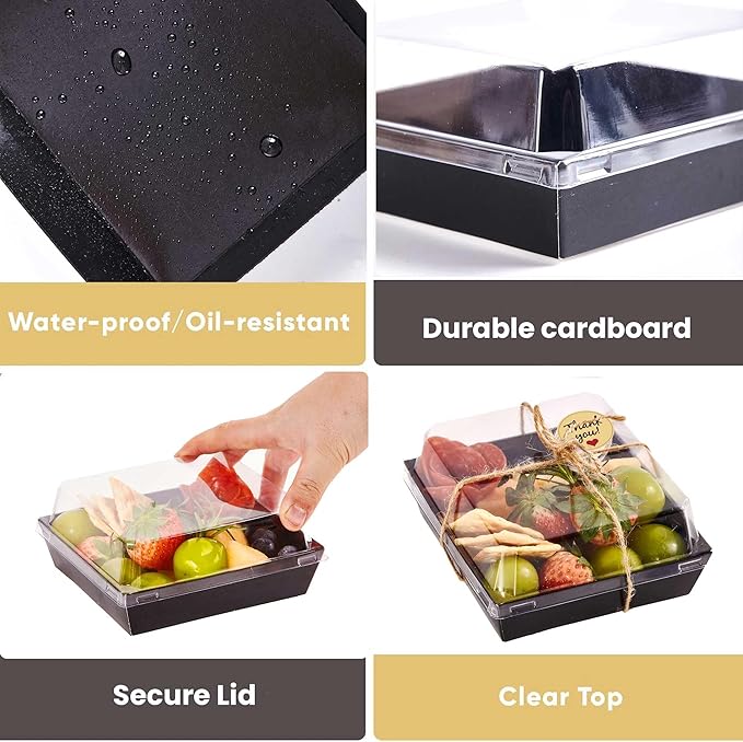 Leafiew 50 Pack Small Charcuterie Boxes with Clear Lids - To Go Paper Mini Charcuterie Box, Disposable Food Containers, 5Inch Dessert Boxes - Sandwich, Cookie, Sushi, Cake Slice, Strawberries (Black)