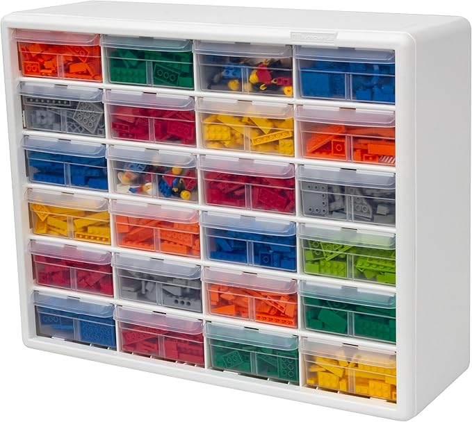 Akro-Mils 24-Drawer Plastic Drawer Storage Cabinet for Garage Organization, Bead Organizer, Building Bricks Storage, Teacher Toolbox, Makeup Organizer, 20" W x 6" D x 16" H, 10124 White