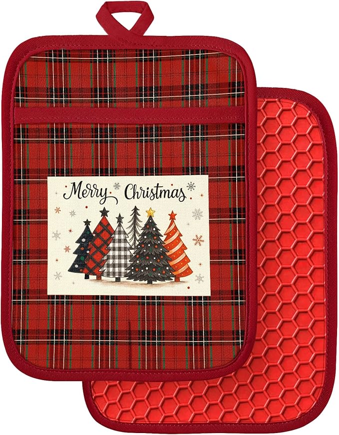 Slohif Silcone Christmas Pot Holders for Kitchen - 100% Cotton Red Cute Oven Potholders with Pockets, Heat Resistant Square Thick Hot Pads, House New Home Baking Baker Gifts,2pack