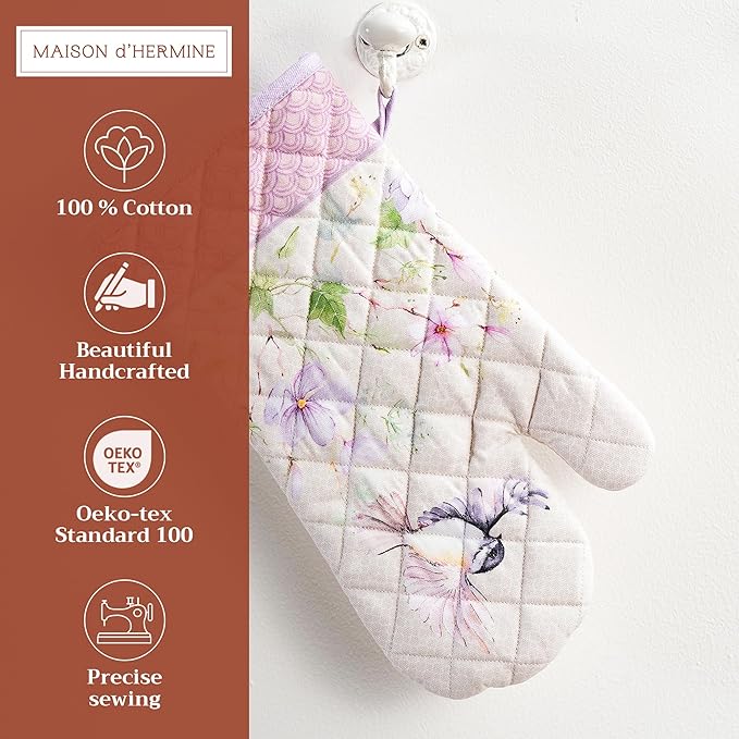 Maison d'Hermine Oven Gloves 100% Cotton Oven Mitt 7" x 13" with Loop Heat Resistant BBQ Cooking Gloves Baking Grilling Gifts for Mothers Day Spring/Summer (Pack of 1, Magnolia Mornings)