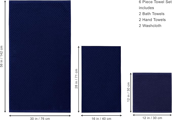 COTTON CRAFT Waffle 6 Piece Towel Set - 100% Cotton - 2 Oversized Luxurious Euro Spa Waffle Weave Large Bath Towels, 2 Hand Towels, 2 Washcloths - Absorbent Quick Dry Hotel Bathroom Shower - Navy