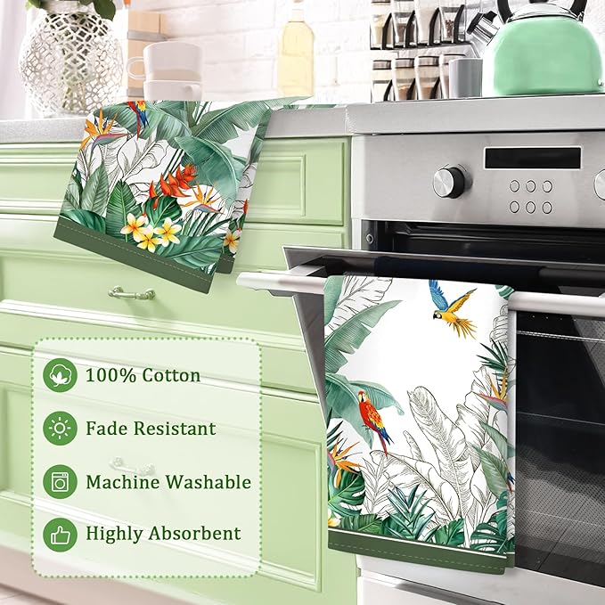Tropical Tree Leaf Tea Towels, Cotton Kitchen Towel 18.9 × 27.5 inch, Quick Drying Dish Cloth for Party Anniversary Holiday Decoration, Housewarming Gifts for Mom