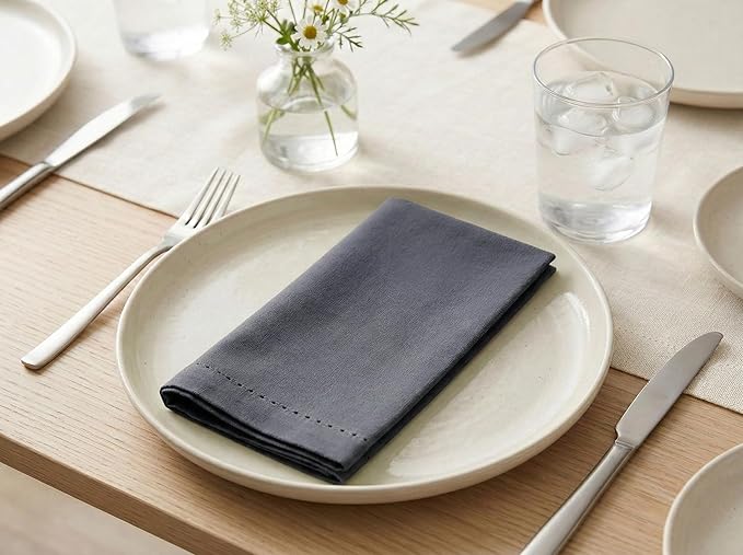 PurpleEssences Set of 12 Hemstitch Cloth Dinner Napkins 100% Cotton - Soft Durable Washable - Ideal for Wedding Spring Easter Summer - Perfect Everyday Use Table Linen 18x18 - Dark Gray