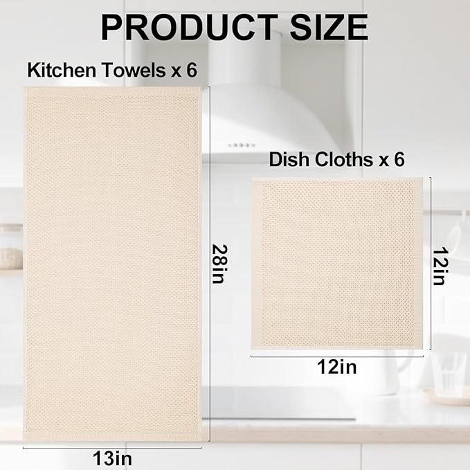 Homaxy 100% Cotton Kitchen Towels and Dishcloths Set, 12 x 12 Inches and 13 x 28 Inches, Set of 12 Bulk Kitchen Towels Set, Ultra Soft Absorbent Dish Cloths for Washing Dishes, Beige