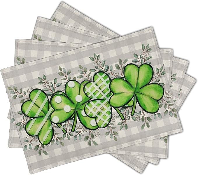 Shamrock St. Patrick's Day Placemats Set of 4 Eucalyptus Leaf Non-Slip Place Mat 12x18 Inch Spring Seasonal Holiday Bufflao Plaid Table Mats for Party Kitchen Dining Decoration
