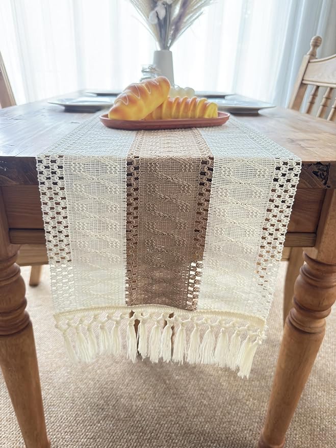 Boho Table Runner for Home Decor with Tassels 120 Inches Long Farmhouse Rustic Cream & Brown Table Runner Macrame Burlap Table Decoration for Living Room Bridal Shower(12x120 in, Fringe Included)