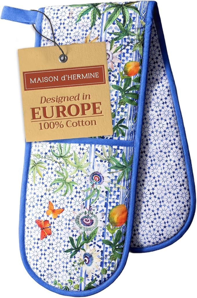 Maison d' Hermine Double Oven Mitts 100% Cotton 7"x35" Double Oven Mitt Heat Resistant BBQ Cooking Gloves with Loop Baking Grilling Gifts for Mothers Day Spring Summer (Passiflora)