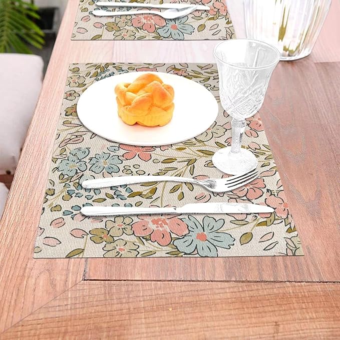 Pink Green Floral Placemats 12x18 Inch Set of 4, Cute Flower Pattern Table Place Mat Wildflowers Watercolor Washable Table Mats Decorative Linen Fabric Table Mat for Dining Table