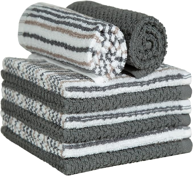 Bumble Towels Premium Dish Cloths 12"x12" | 100% Natural Ring Spun Cotton Tea Towel Set | 430 GSM | Highly Absorbent & Soft | 8 Pack - 4 Popcorn Striped & 4 Solid Kitchen Towels - Gray