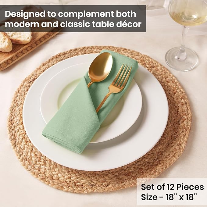 Blue Needles Solid Cloth Napkins Set of 12 Sage Green 100% Cotton Dinner Napkins 18x18 inches - Soft, Reusable, Absorbent & Washable Linen, Ideal for Christmas Events, Parties & Everyday Use