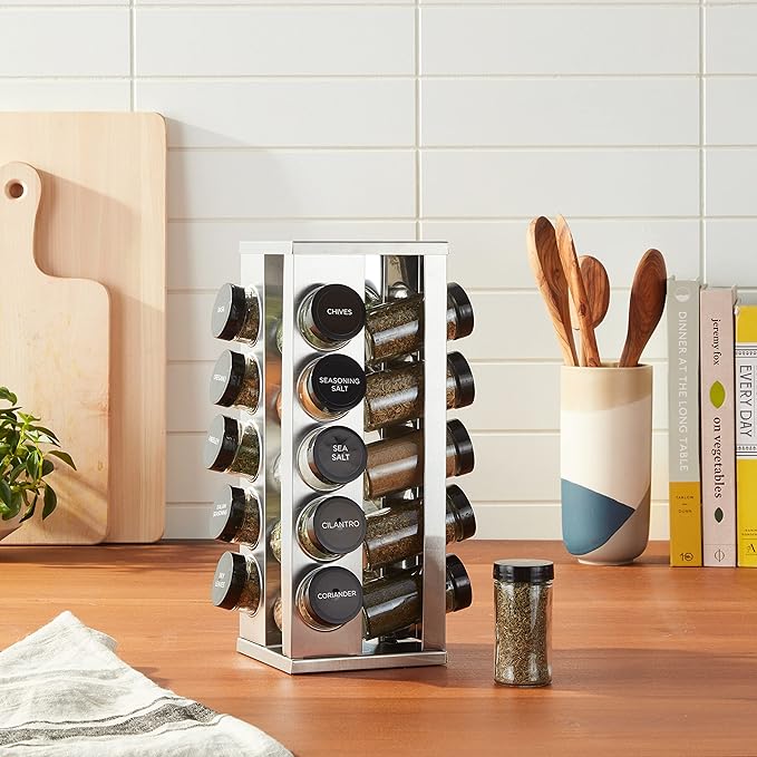 Kamenstein 20 Jar Heritage Revolving Spice Rack with Spices Included, Brushed Stainless Steel Rotating Countertop Organizer with Free Refills for 5 Years