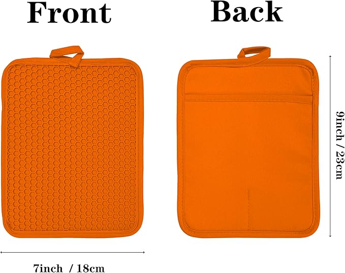 Oven Pot Holder with Pocket Cotton Heat Resistant Coaster Potholder Kitchen Hot Pad Oven Mitts for Cooking and Baking Square 7"x9" (Orange, Silicone)
