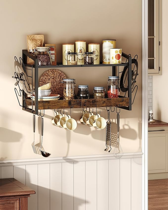 CHOEZON Hanging Pot Rack, Pot Rack Wall Mounted, 2-Tier Kitchen Pot and Lid Organizer, Wall-Mounted Pot Rack with 12 Hooks, for Kitchen Storage of Pots, Pans, Utensils, Rustic Brown TPR02BF