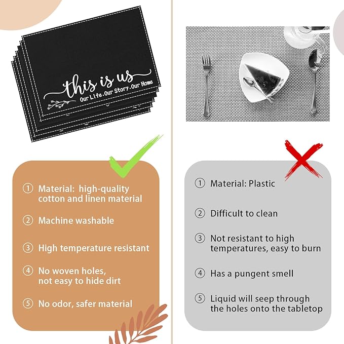 Farmhouse Placemats Set of 6 Linen Placemats 18x12'' Rustic Table Mats with Sayings Housewarming Gifts Country Tablemats Washable Cloth Place Mats for Farmhouse Table Setting(Black)