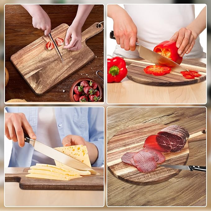 Hsei 2 Pcs Acacia Wood Cutting Board with Handle Wooden Charcuterie Board Large Paddle Carving Chopping Set Butter Serving Tray for Cheese Meat Fruit Pizza Bread Baking