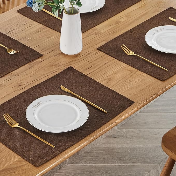 BALCONY & FALCON Faux Linen Placemats Set of 4 Washable Place Mats Heat Resistant Table Mats for Restaurant Dining Christmas Thanksgiving Party Indoor Outdoor （Brown, 17.7x11.8 in, 4PCS