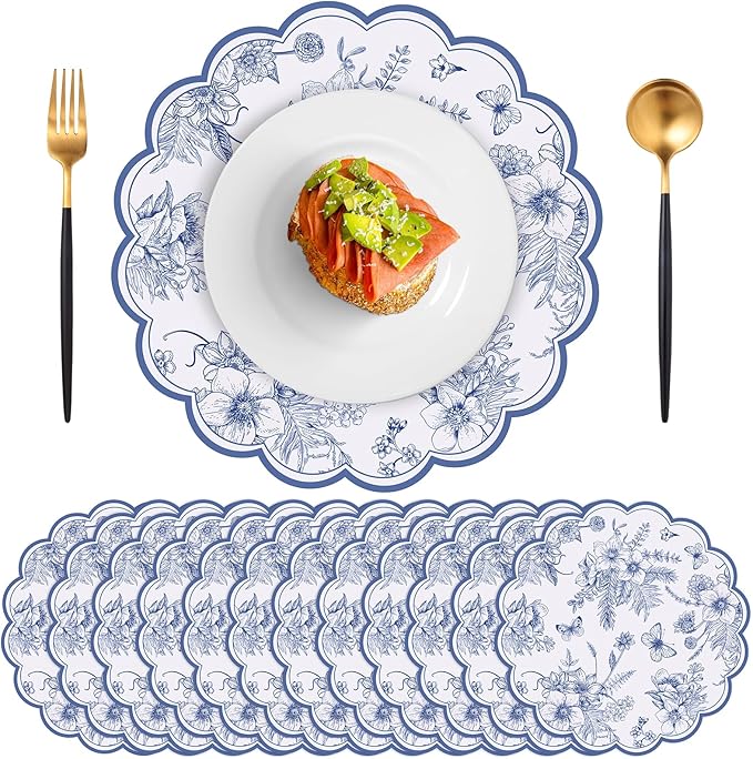 60 Pcs Blue Floral Paper Placemats, 13.5 Inch Disposable Scalloped Table Mats Wedding Placemats, Vintage Floral Banquet Place Mats for Mother's Day Table Setting Baby Shower Wedding Bridal Tea Party