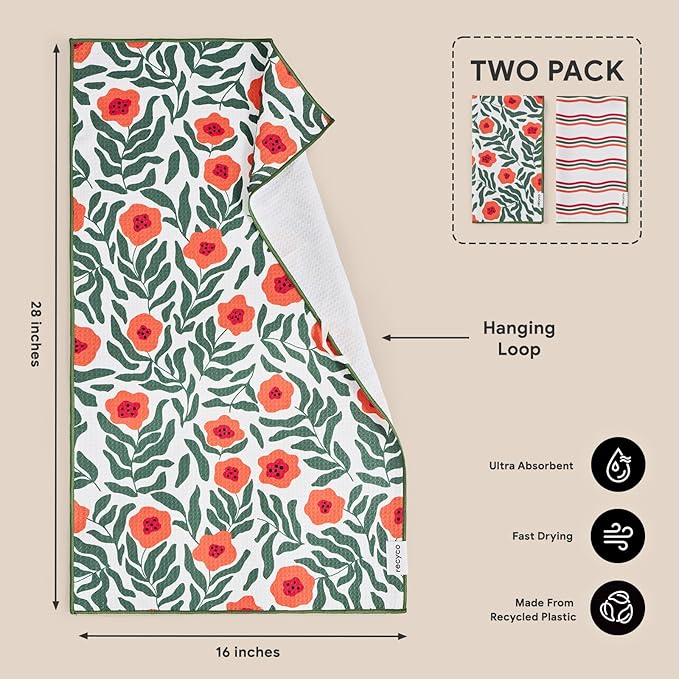 RECYCO Waffle Kitchen Towel Set of 2 - Quick Dry Microfiber Sustainable Dish Towels - Ultra Absorbent Reusable Cleaning Tea Towels - Lightweight Hand Towels,16”x 28”, Poppy Waves