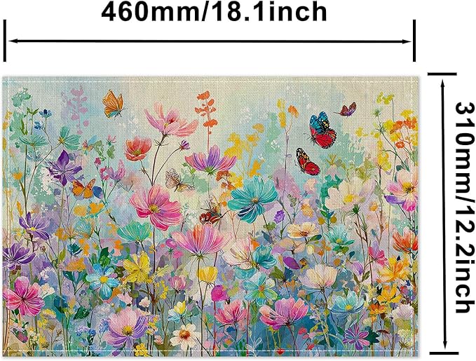 HOMETITUTE Placemats Set of 4 12x18 inch Spring Table Mats for Dining Table Floral Field Linen Placemats Farmhouse Decorations Kitchen Decor Desk Mat for Outdoor Home Party Kitchen Seasonal Dining