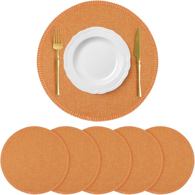 Round Placemats Set of 6, 15 Inch Linen Fabric Table Placemats, Heat Resistant, Wrinkle Free Washable Placemats Kitchen Place Mats Set of 6 for Dining Table Party Table (Orange, 6)