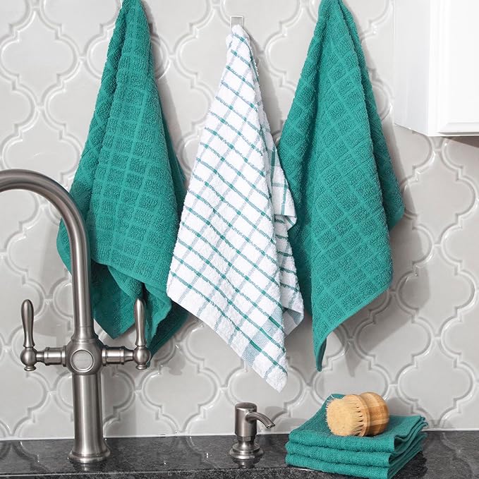 Ritz Premium Kitchen Towel and Dish Cloth Value Set: Highly Absorbent, Super Soft, Long-Lasting, 100% Cotton Checked and Solid Hand Towels, Tea Towels, Bar Towels - 6 Pack, Teal