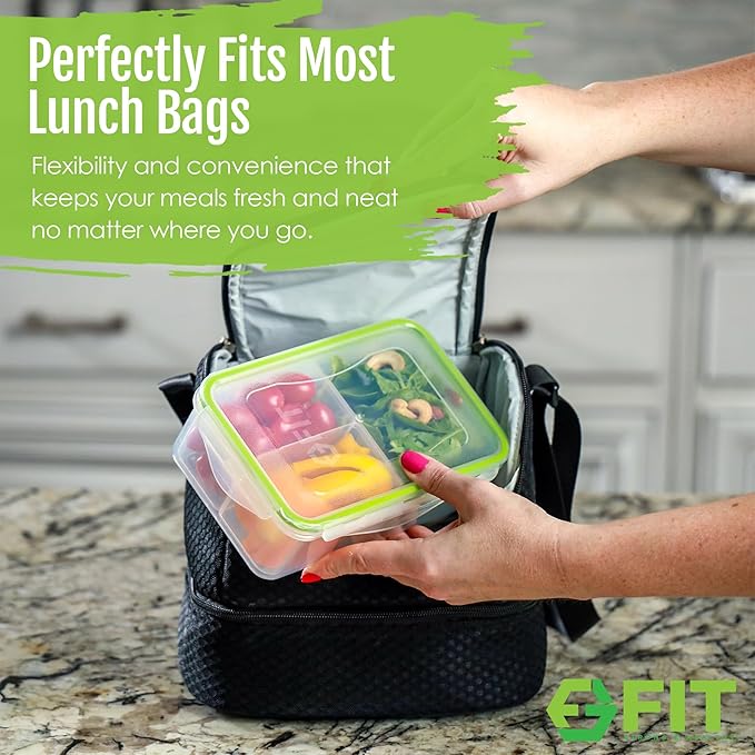 FIT Strong & Healthy Bento Lunch Box & Meal Prep Containers, Food & Snack Storage for Adults & Kids, Microwave, Freezer, & Dishwasher Safe, Reusable, Airtight Lid, Removable Compartments, 39oz, 4 Pack