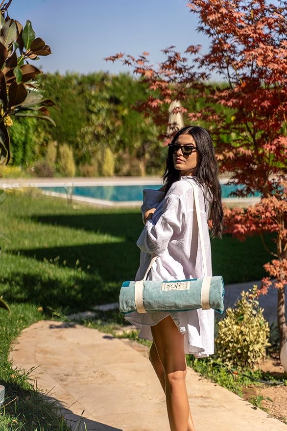 SOFE H&L | LINVIA Foutah Quick Dry Beach Towel Pack of 1 (35” x 70”) Leaves - Mint | Lightweight, Premium, Fade Resistant, Durable | Travel Towel, Turkish Beach Towel with Shoulder Strap