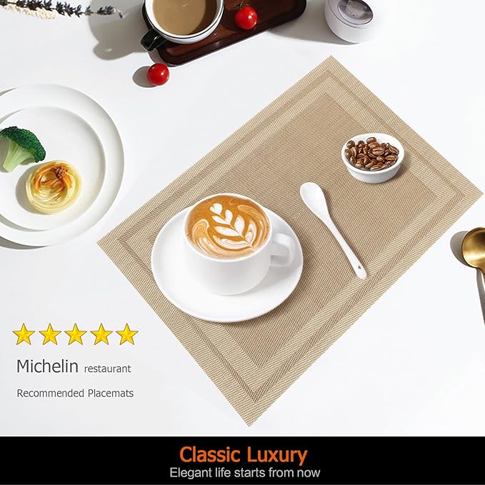 Placemats Set of 8 Washable&Wipeable Place mats for Dining Table Kitchen Indoor Outdoor Table Mats Heat Resistant Non Slip Woven Vinyl Table Placemats (Khaki，8PCS)