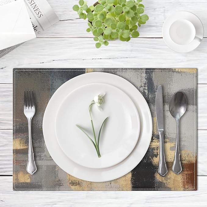 Emvency Farmhouse Placemats Set of 4, Vintage Gold and Brown Art Painting 12x18 Inch Abstract Grey Table Mats for Outdoor Home Party Kitchen Dining Decoration