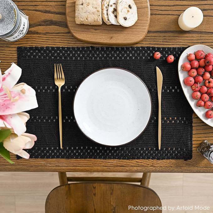 Artoid Mode Black Farmhouse Woven Rustic Hollow Placemats Set of 6,12x18 Inch Seasonal Holiday Table Mats Party Kitchen Dining Decoration