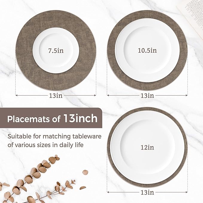 13" Round Placemats Set of 12, Reversible Faux Leather Heat Resistant Table Mats, 100% Waterproof Oilproof Wipeable Table Protective Placemats for Vinyl, Washable for Indoor (12, Dark Coffee)