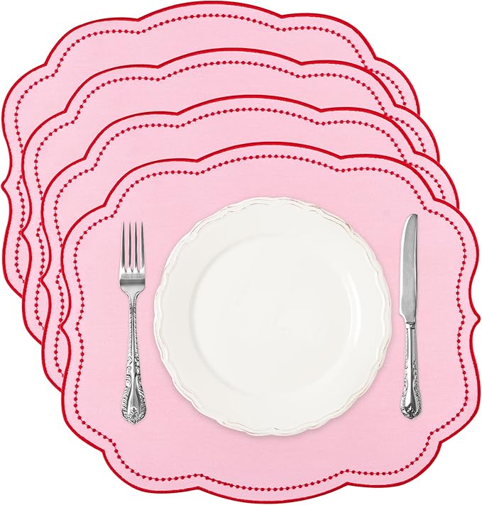 Cotton Linen Placemats Set of 4 - Double Layered, Luxury Scalloped Embroidered Cloth Table mats - Holidays, Christmas, Washable Mat, 16 x 13 inch (Pink)