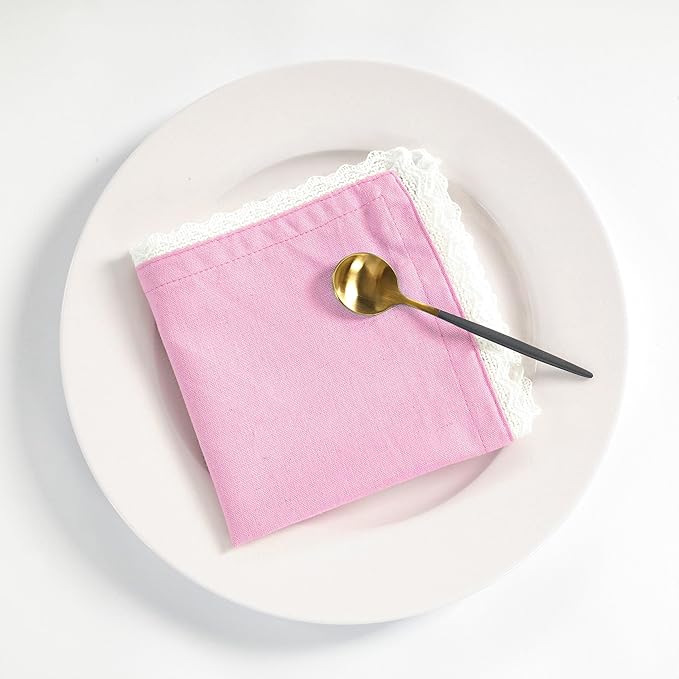 Fingercraft Dinner Cloth Napkin Cotton Linen Blend 12 Pack 12In Mitered Corners with Elegant Lace for Everyday Use Napkins Cloth are Pre Shrunk and Good Absorbency Pastel Rose Easter Color