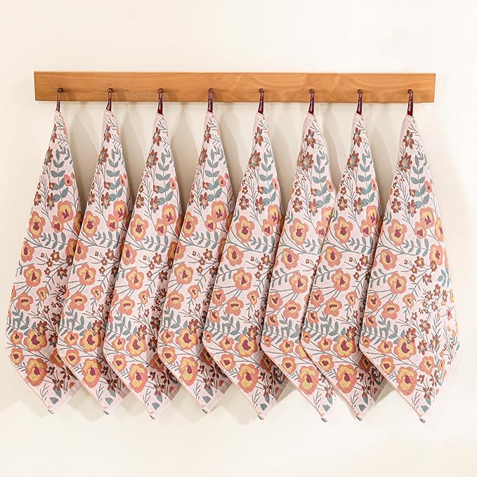 Kitchen Towels 100% Cotton Pack of 8, Highly Absorbent Quick Drying Super Soft Dish Towels for Kitchen with Hanging Loop Hand,Tea Towels 8 Pack,Floral Pattern- 16x15 Inch