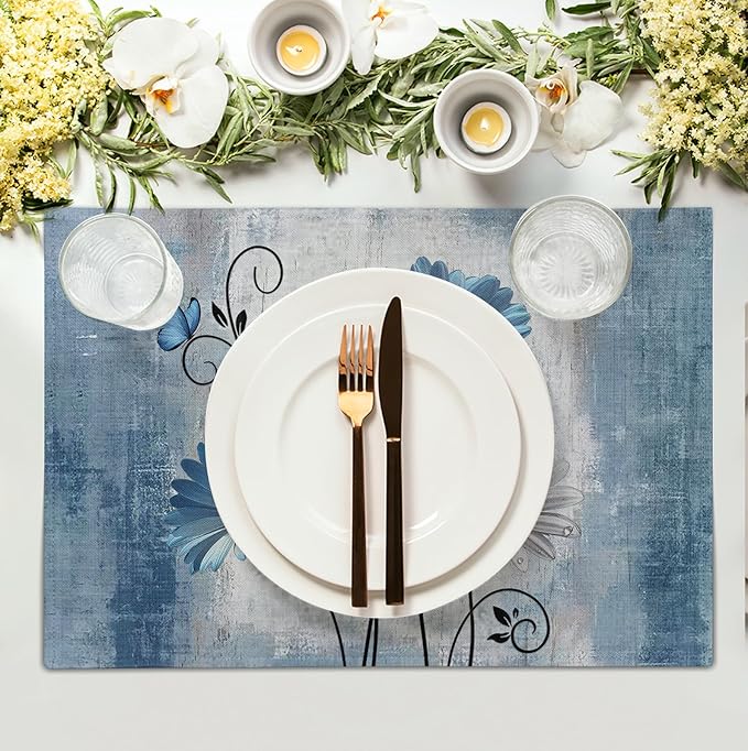 Daisy Placemats Set of 4 Blue Grey Rustic Vintage Floral Table Place Mats 12x18 Inch Seasonal Flower Spring Summer Linen Placemat for Party Kitchen Dining Outdoor Indoor Decor