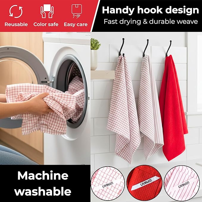 Highly Absorbent Cotton Kitchen Towels for Drying Dishes - Set of 6 Dish Towels - Narrow Red Stripes Plaid Waffle Dishtowels - 18"X28" Large Lint Free Linen Tea Hand Bulk T Towls