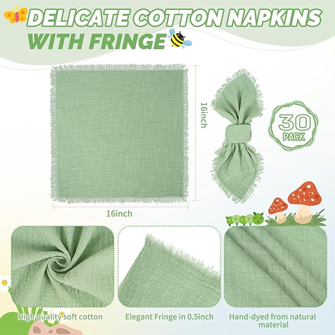 Showgeous 30 Pack Sage Green Cloth Napkins with Fringe 16x16 inch 100% Cotton Green Napkins Handmade Dinner Napkins Bulk Washable Soft Rustic Table Napkins for Wedding Parties Bridal Baby Shower