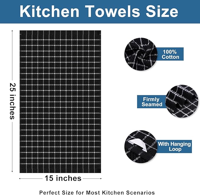Homaxy 100% Cotton Kitchen Towels 6 Pack-15 X 25 Inches, Check Design Waffle Weave Hand Tea Towels, Super Soft and Absorbent Dish Towel for Drying Dishes, Black&White