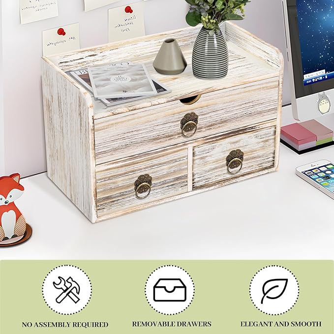 Wood Desk Organizer with Drawer, Vintage Brown Wooden Desktop Organizer, Tabletop Storage Organization Box for Countertop, Home Office Supplies, 13.5x6.6x8.2 Inch(3 Drawer and Shelf)