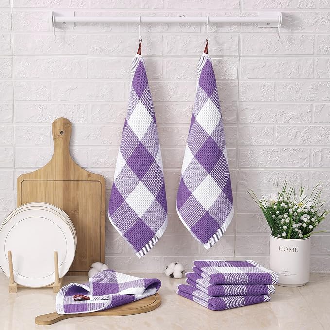 Mordimy 100% Cotton Waffle Weave Plaid Dish Cloths, 12 x 12 Inches, Super Soft and Absorbent Quick Drying Buffalo Check Dish Rags for Kitchen, 6-Pack, Purple & White