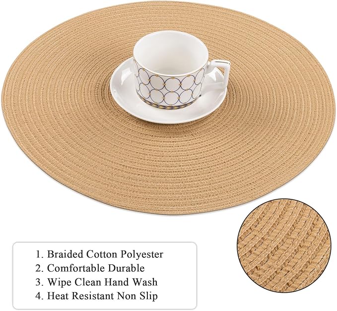 SHACOS 15 inch Round Braided Placemats Set of 4 Cotton Polyester Place Mats Washable Kitchen Dining Table Mats for Dinner Party Table Decor (Camel, 4)