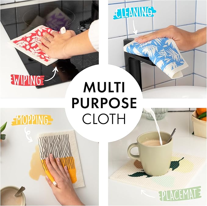 SUPERSCANDI 5 Pack Swedish Dishcloths for Kitchen - 100% Biodegradable & Compostable | Reusable Paper Towels Washable, Food-Safe & Without Plastic - Dish Rags Suitable for Any Surface | Botanic Print