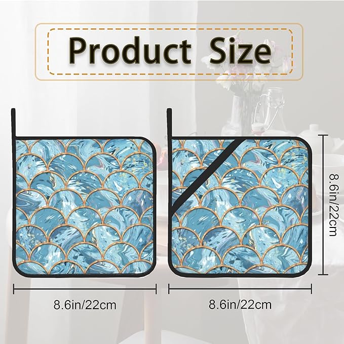 Mermaid Fish Scales Marble Pot Holder Set of 2,Heat Resistant Potholders Oven Hot Pads for Kitchen Cooking Baking BBQ