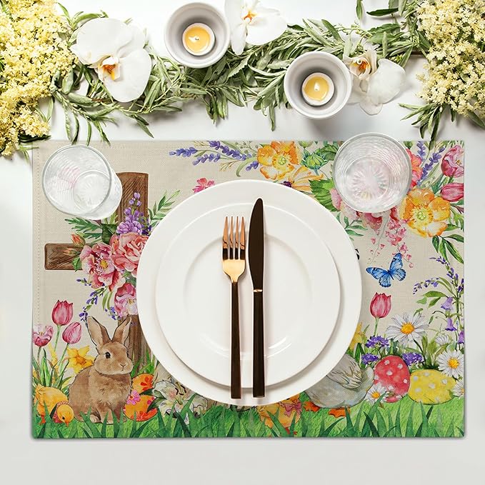 Easter Farmhouse Placemats Set Season Floral Faith Christian Place Mats Animals Kitchen Dining Table Decor 12 X 18 in
