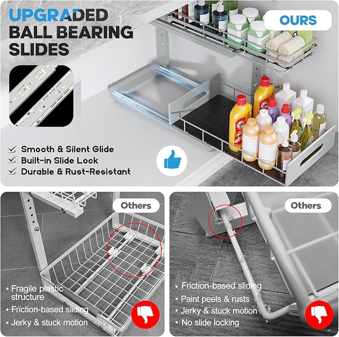 Under Sink Organizer Upgrade To Professional Rails,2-Tier Dual Pull Out Cabinet Storage,Height Adjustable Slide Out Drawers For Bathroom Kitchen,1 Pack-18.5"Dx12.8"-16.9"H,Gun Gray