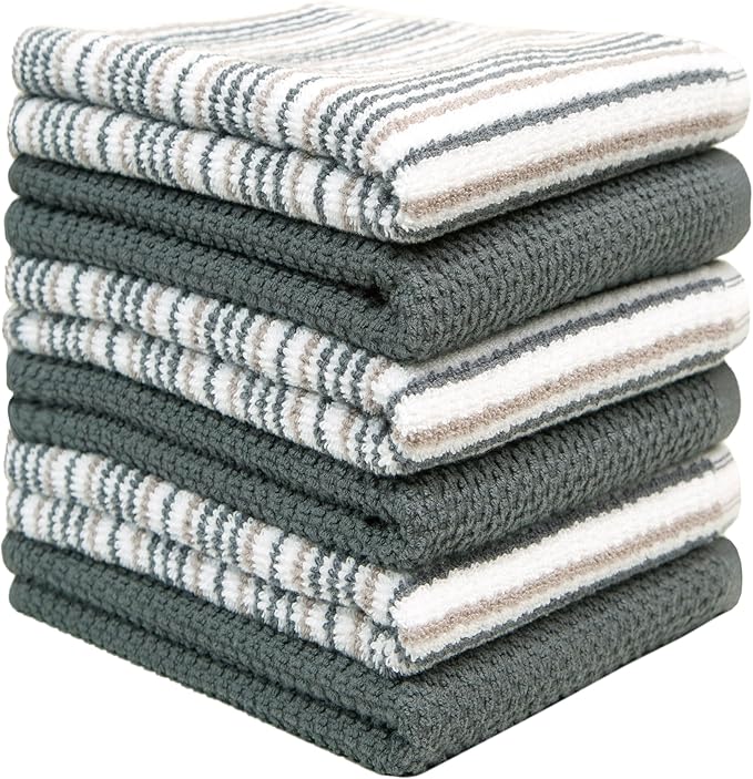 Kitchen Towels 16”x 26” - 6 Pack | Large Cotton Dish Towels | Popcorn Stripe Design | 430 GSM Highly Absorbent with Hanging Loop | Gray